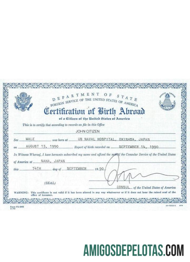 Certificação de nascimento nos EUA no exterior exemplo real